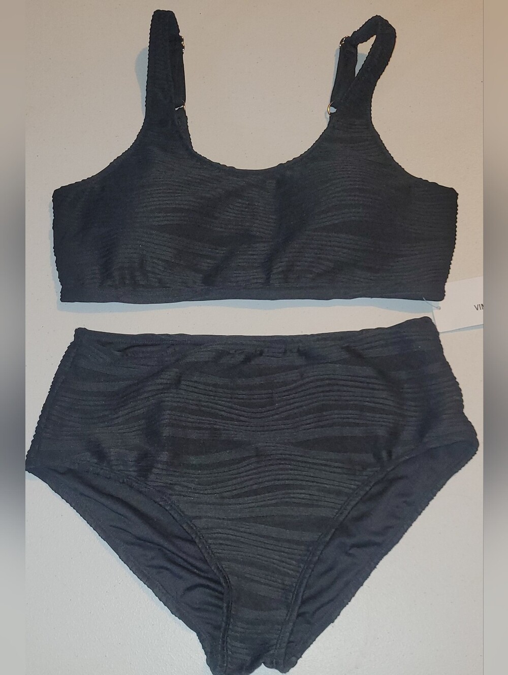 Vimpunec, Black Textured Ribbed Two-Piece Bikini Set, L